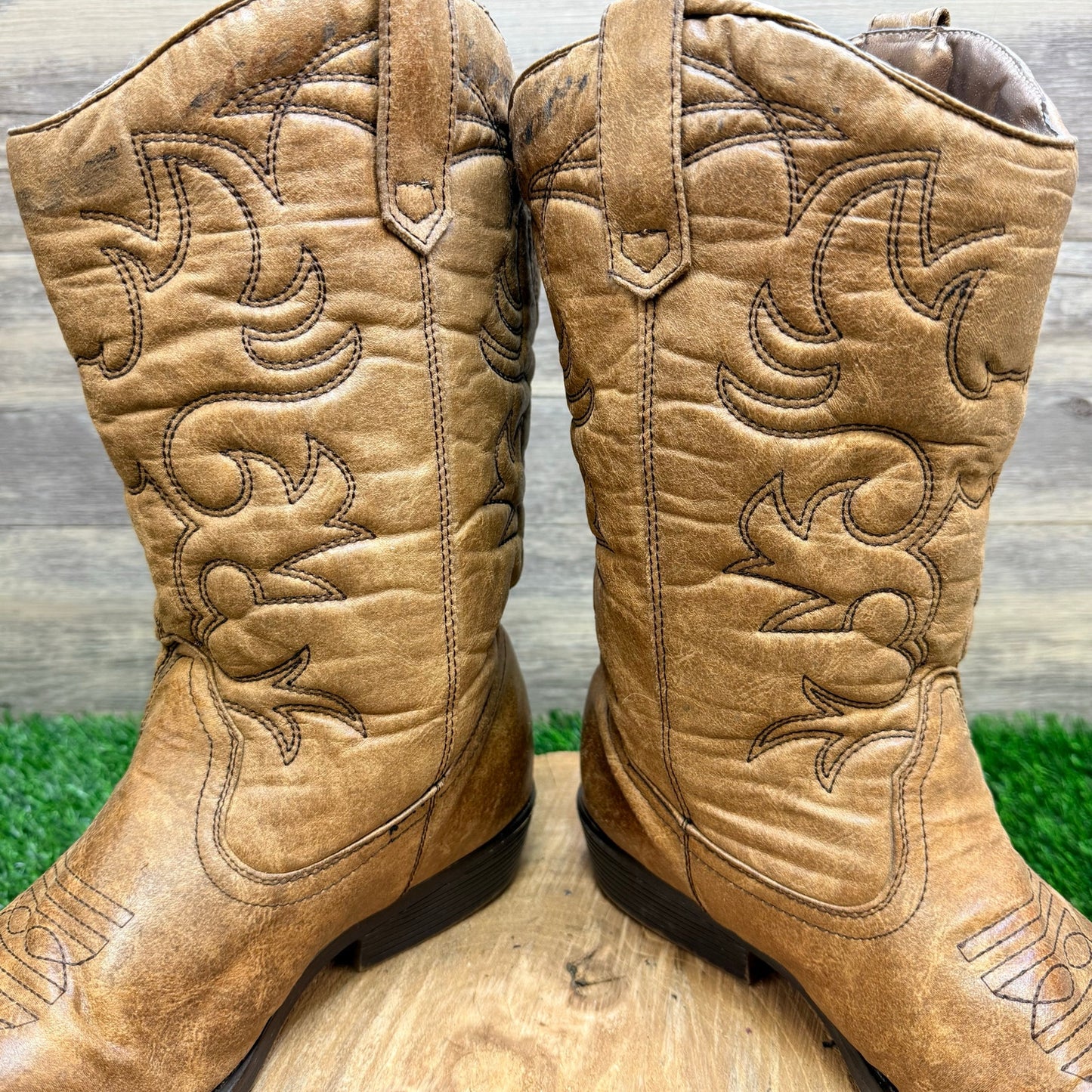 Rodeo Ropers Women - Size 9W - Tan Faux Leather Cowboy Boots Mesa