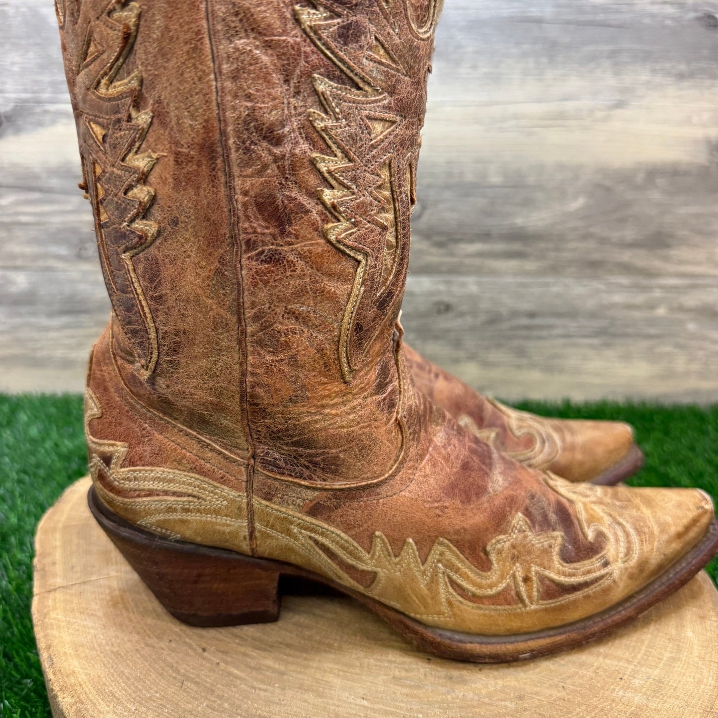 Corral Women - Size 9M - Distressed Crackle Tan Eagle Cowboy Boots R2227