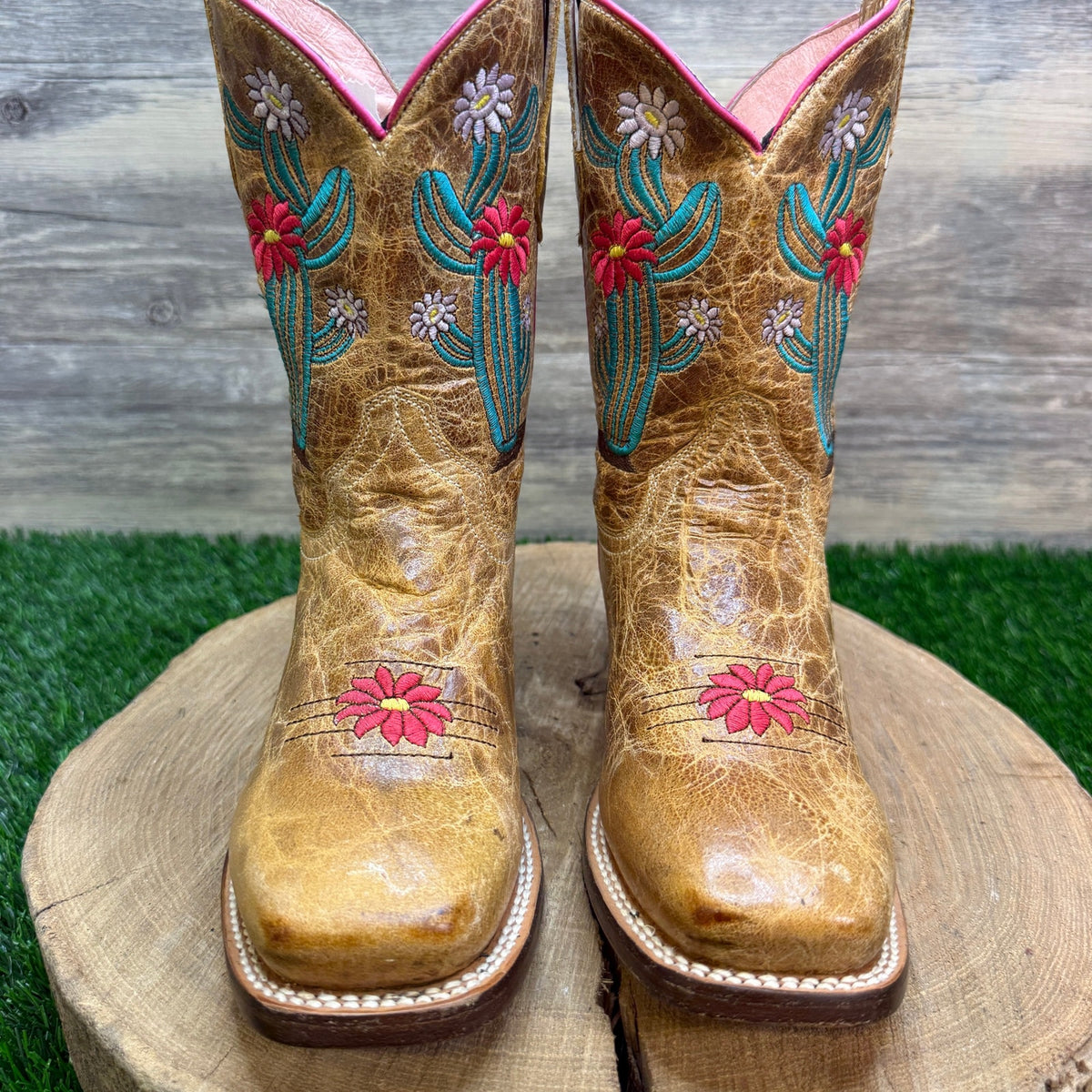 Roper Youth - Size 2.5 - Tan Cactus/Floral Square Toe Cowboy Boots Style 1482