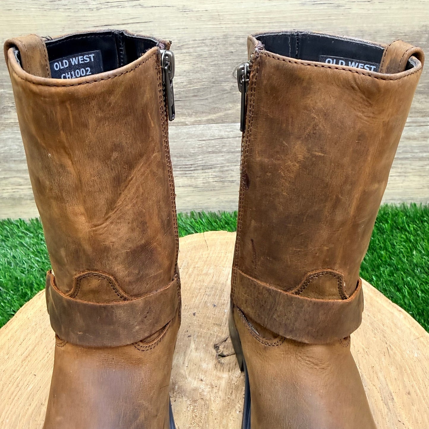 Old West Youth - Size 9D - Brown Square Toe Moto Boots CH1002