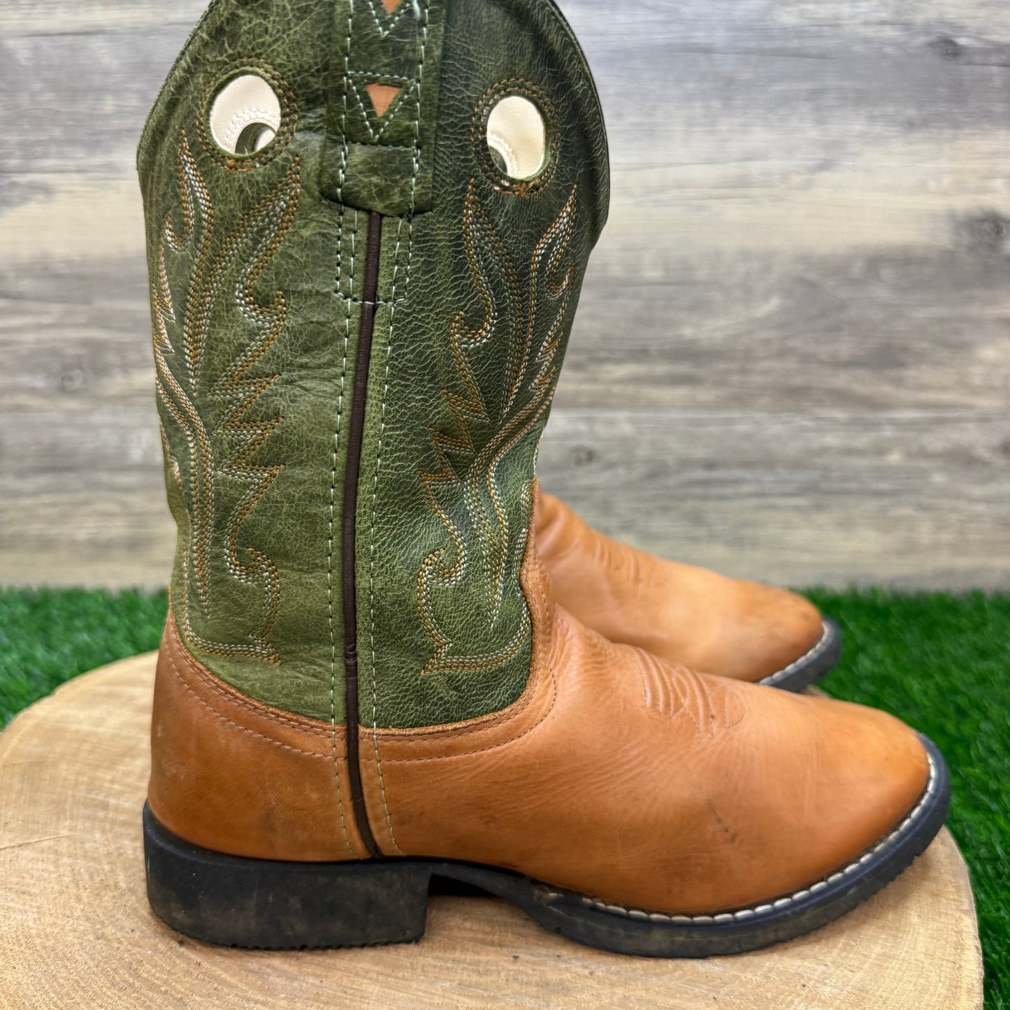 Old West Youth - Size 3D - Tan/Green Cowboy Boots Style CW2554