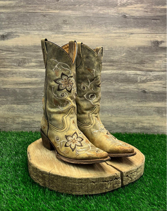 Rocky Women - Size 8M - Distressed Tan Handhewn Snip Toe Cowboy Boots 5233