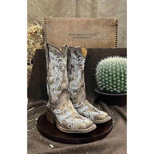Corral Teen Youth - Size 2 - Distressed Tan Square Toe Cowboy Boots Style 0119