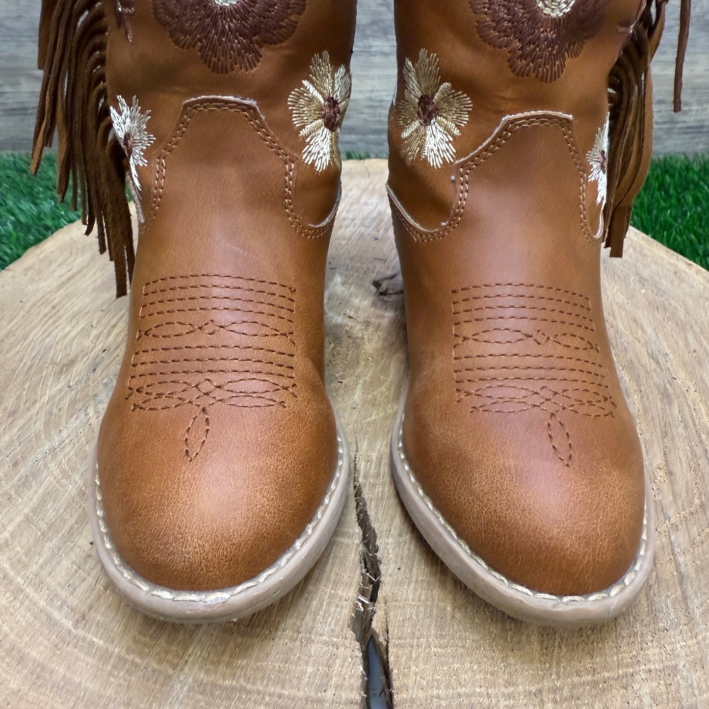 Rolled Youth - Size 9T - Tan Floral Fringe Faux Leather Cowboy Boots Style