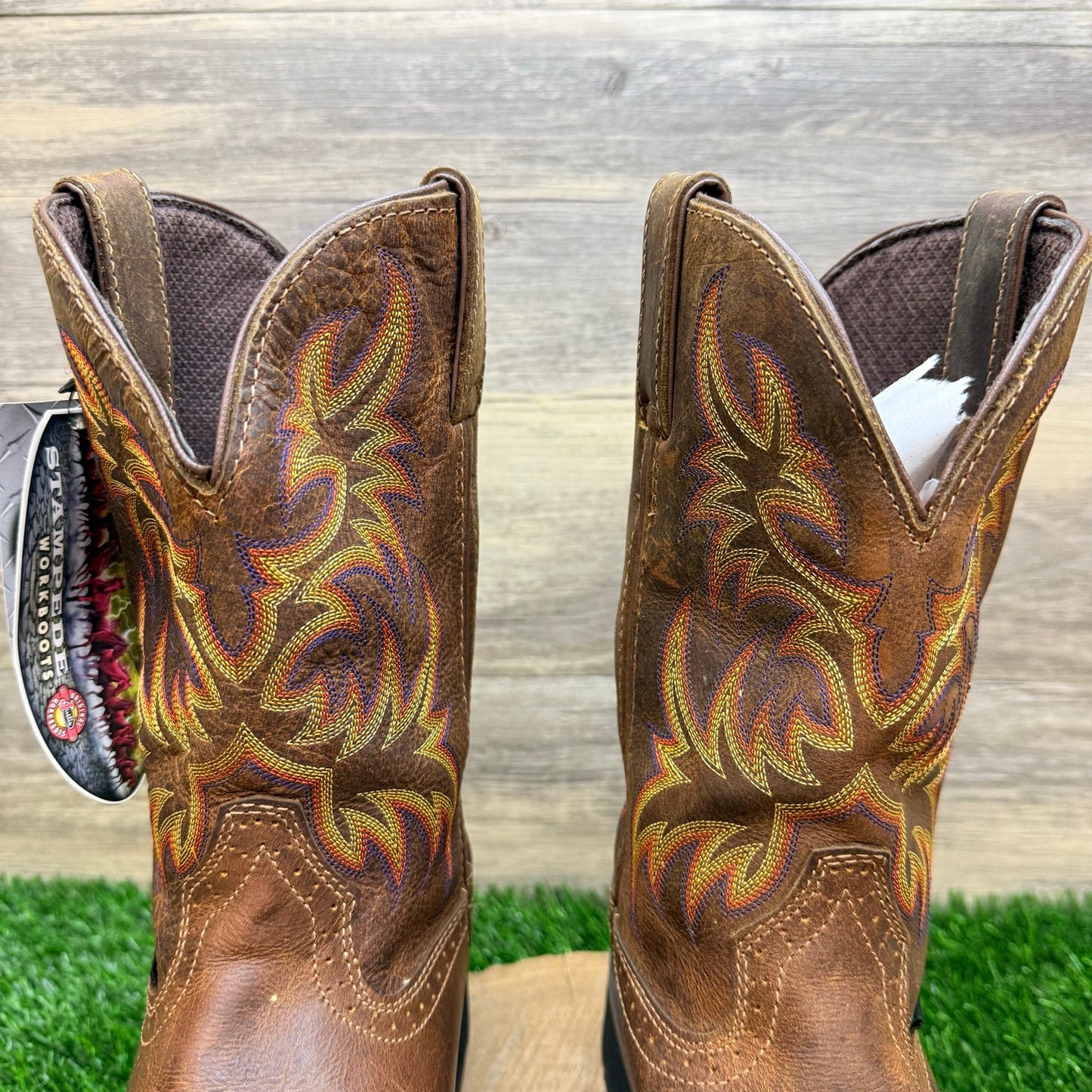 Justin Men - Size 9B - Brown Work Stampede Square Toe Cowboy Boots WKL4689