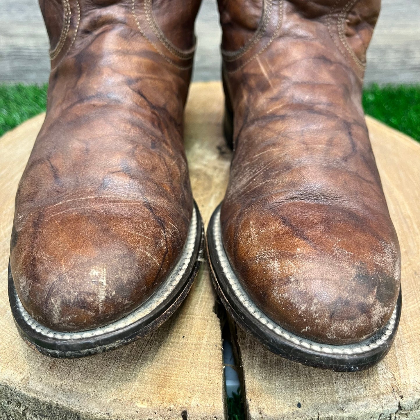 Justin Men - Size 8B - Vintage Marbled Brown Roper Cowboy Boots Style L3163