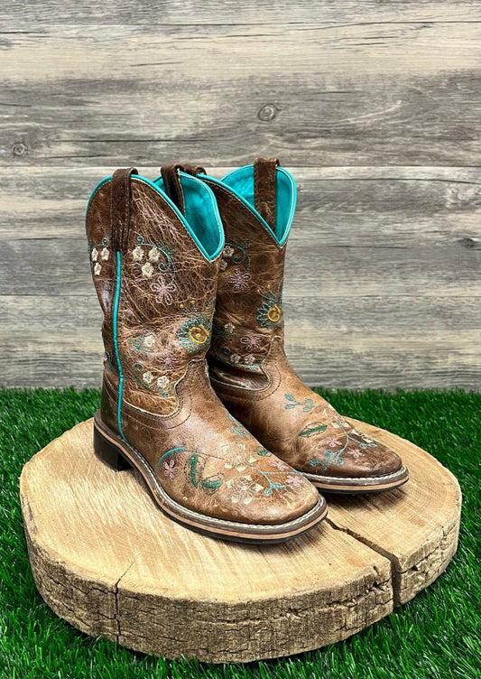 Smoky Mountain Youth - Size 13.5 - Tan Floral Square Toe Cowboy Boots 3841C