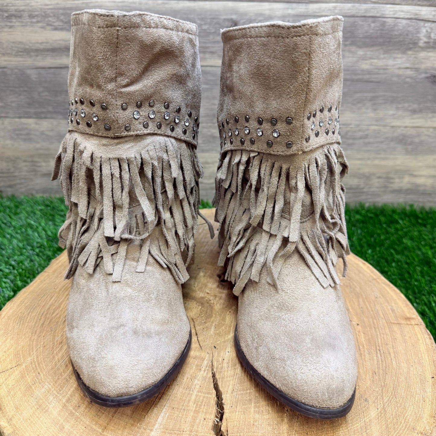 Not Rated Women - Size 8 - Tan Fringe Studded Faux Suede Boots 277