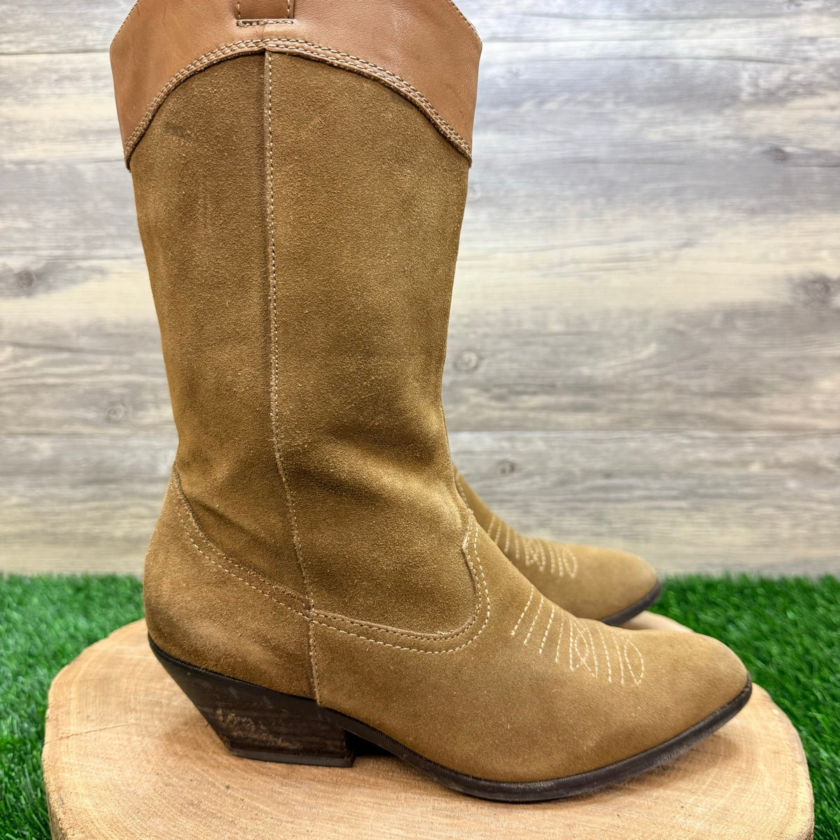 Reba Women - Size 6.5M - Khaki Suede Western Cowboy Boots Rodeo