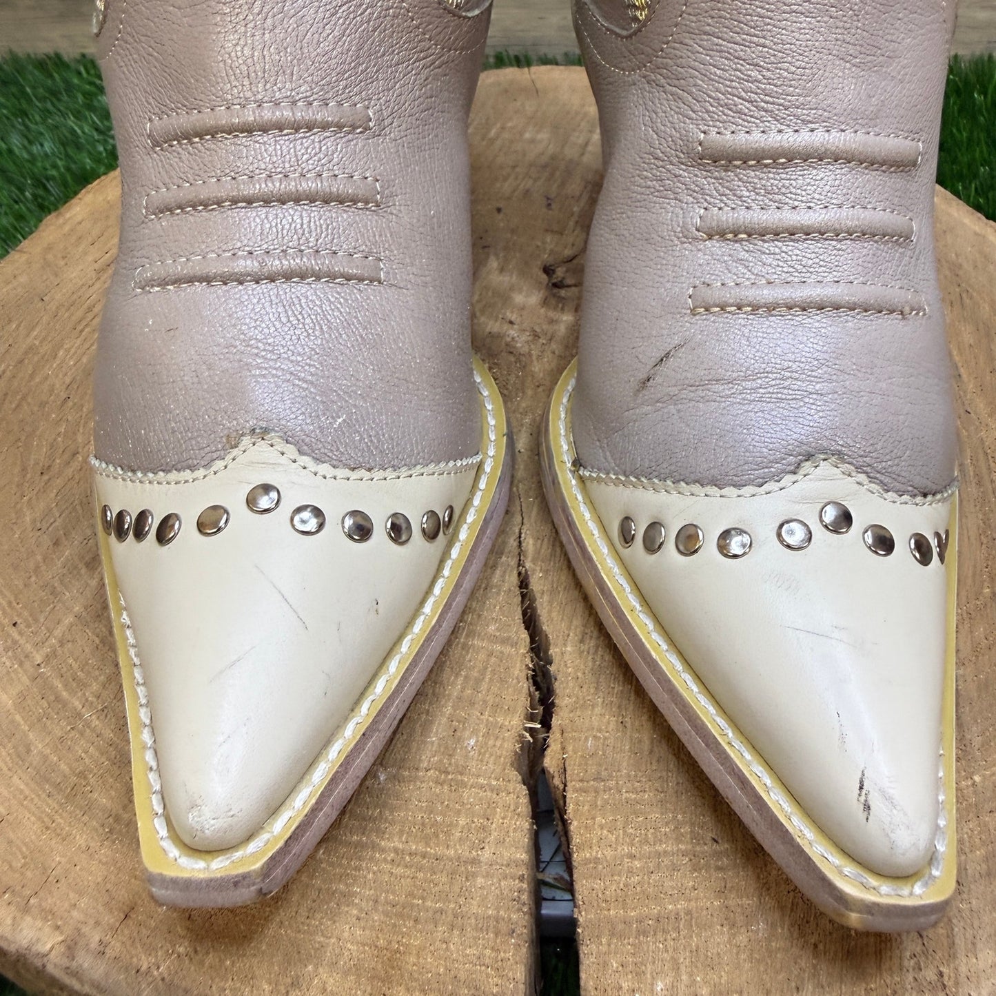 Kathy Van Zeeland - Size 7 - Cream/Gray Studded Cowboy Boots Style F059