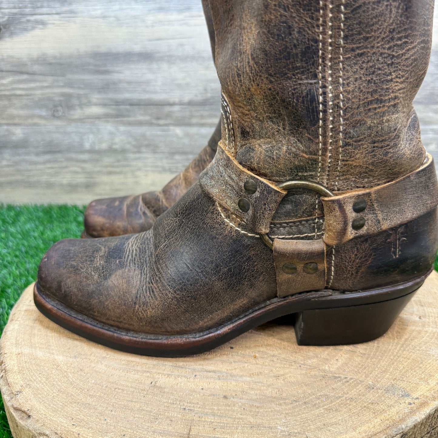 Frye Women - Size 8.5 - Distressed Brown Harness Square Toe Boots