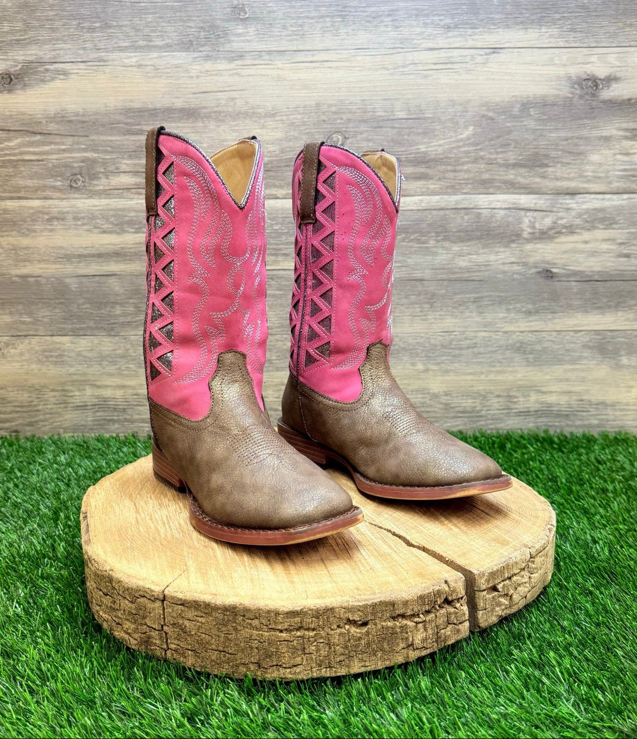 Roper Youth - Size 2 - Glitter Tan / Pink Faux Leather Cowboy Boots 2486