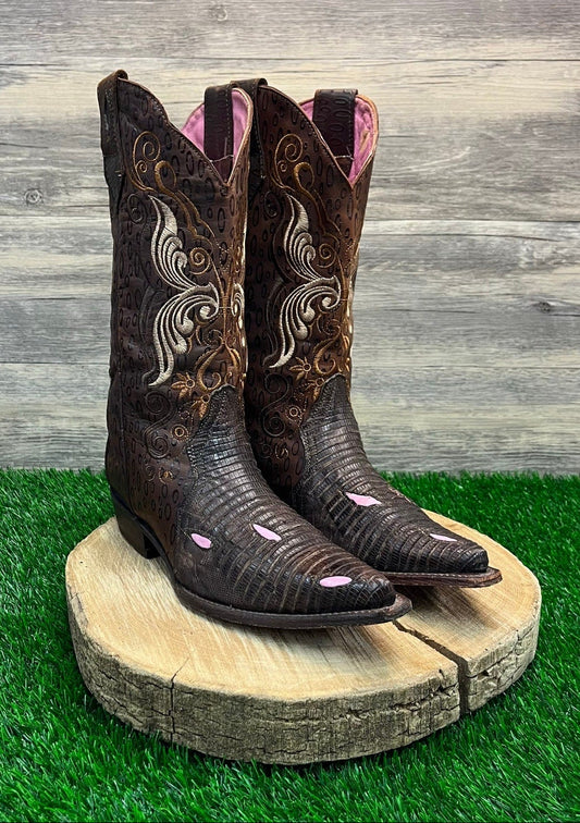 Veari Women - Size 11.5 - Brown/Pink Lizard Print Snip Toe Cowboy Boots