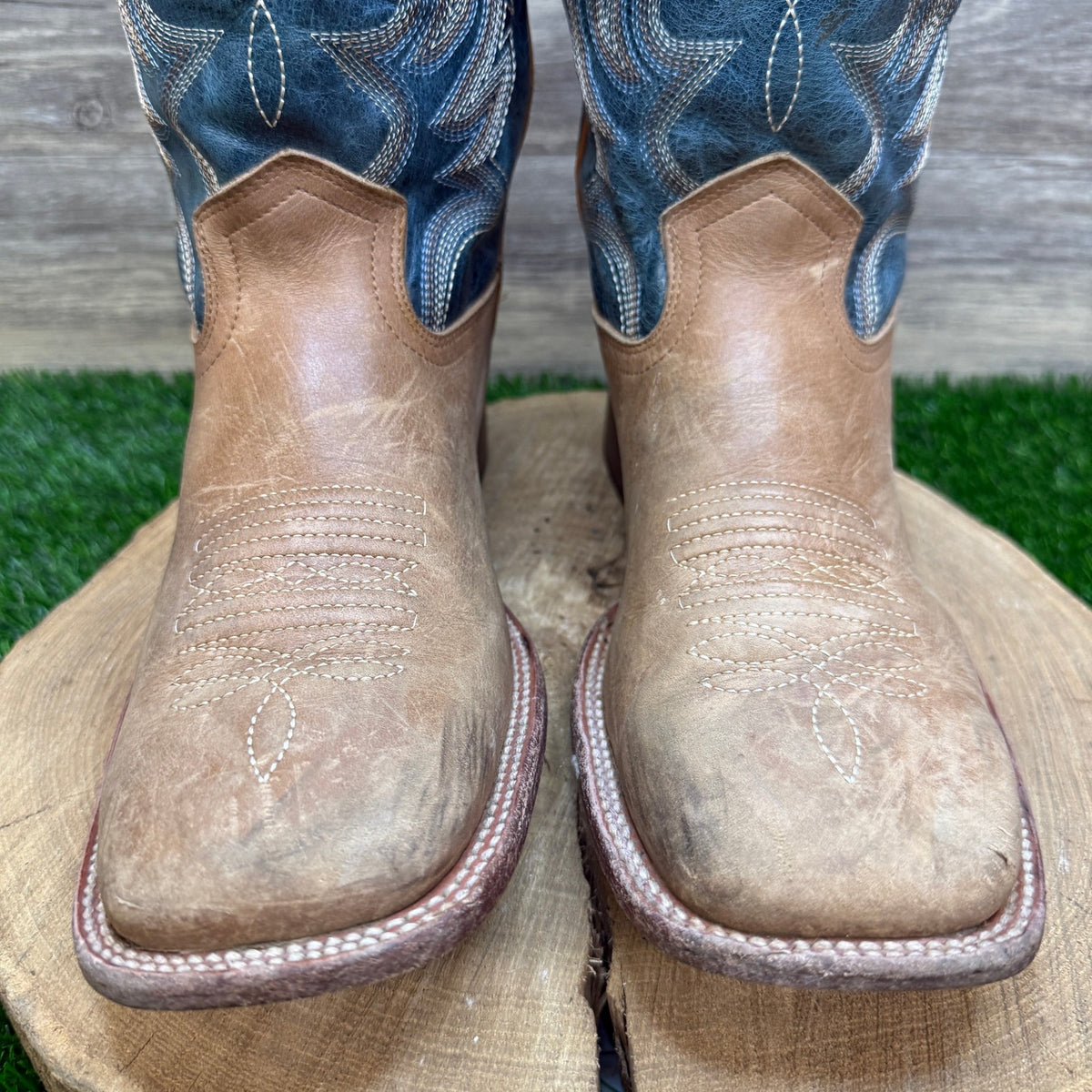 JB Dillon Men - Size 12B - Tan/Blue Flame Square Toe Cowboy Boots Style JBR2111