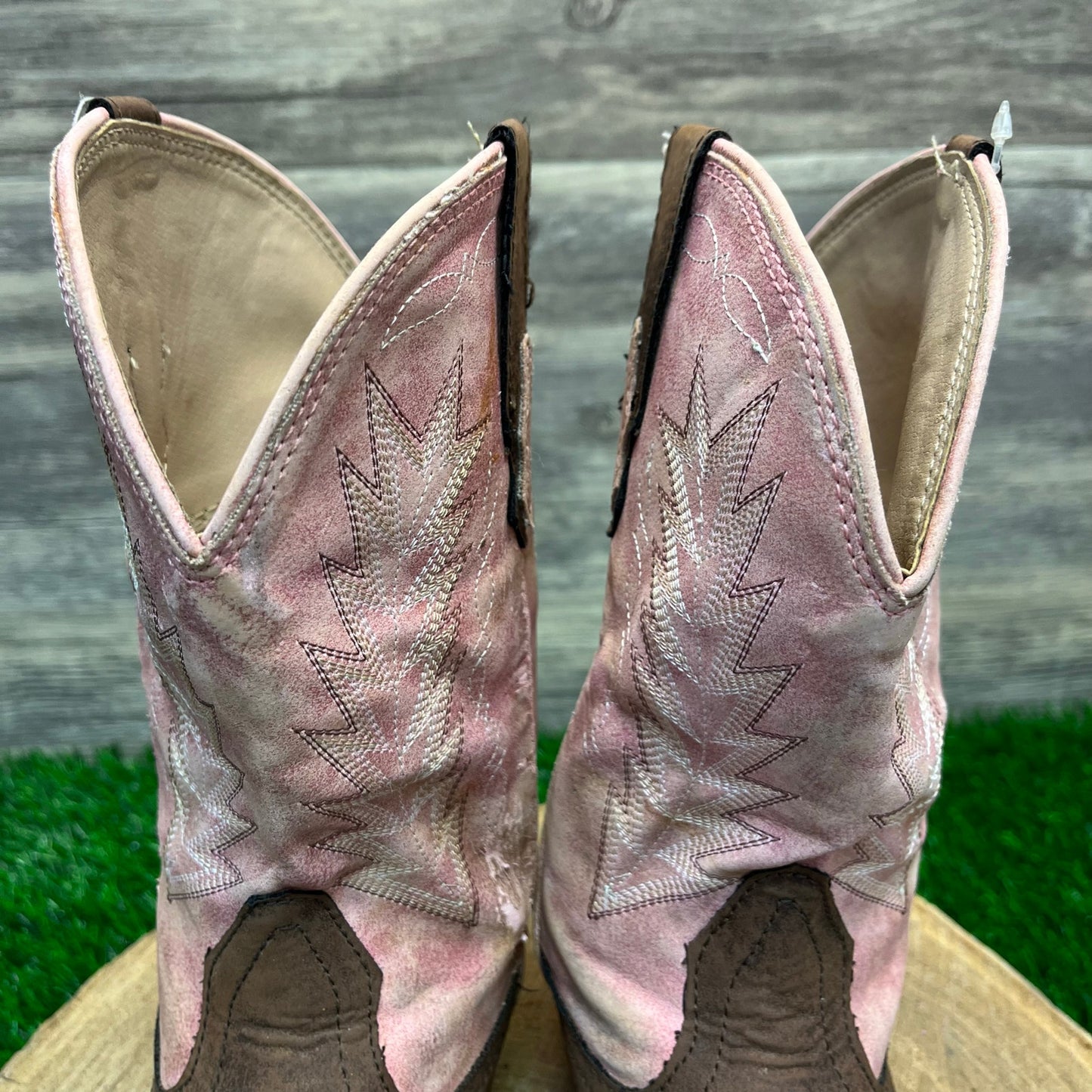 Roper Youth - Size 2 - Brown/Pink Square Toe Faux Leather Cowboy Boots 9508