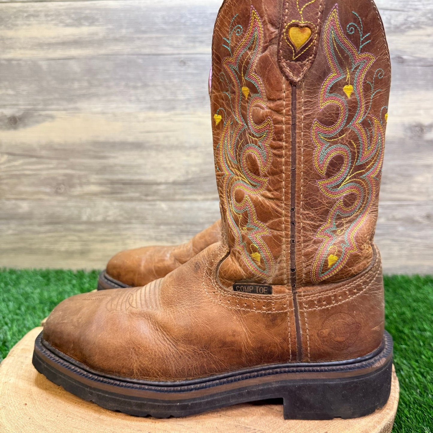 Justin Women - Size 7.5B - Tan Steel Square Toe Cowboy Boots WKL4664