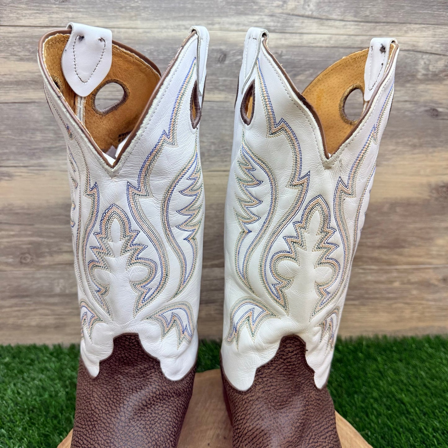 Justin Men - Size 13EE - Brown / White Bent Rail Square Toe Cowboy Boots BR305