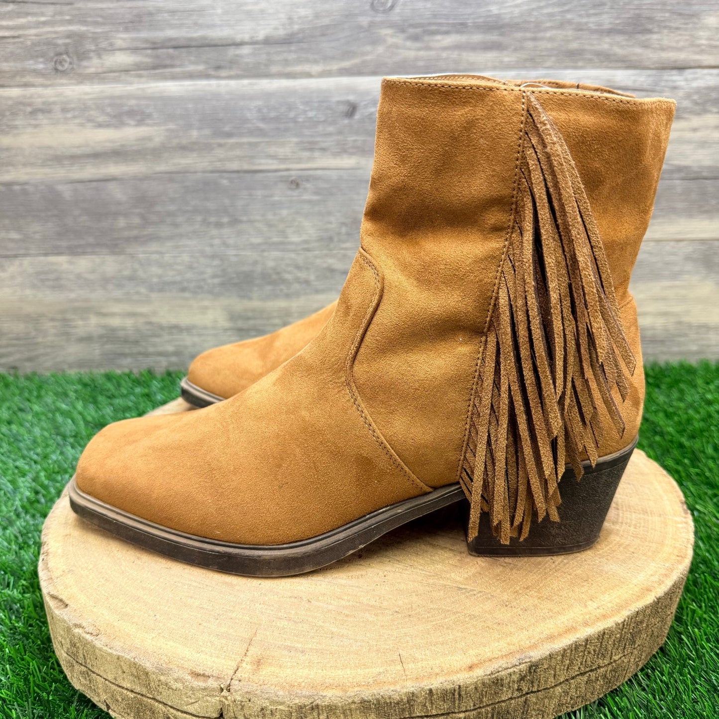 OS Women - Size 9.5M - Cognac Faux Suede Fringe Ankle Boots 73277
