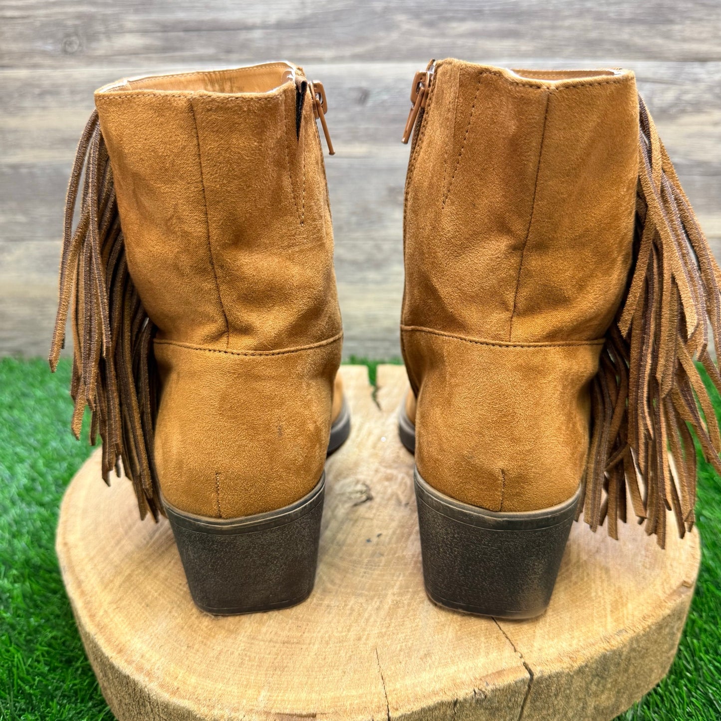 OS Women - Size 9.5M - Cognac Faux Suede Fringe Ankle Boots 73277