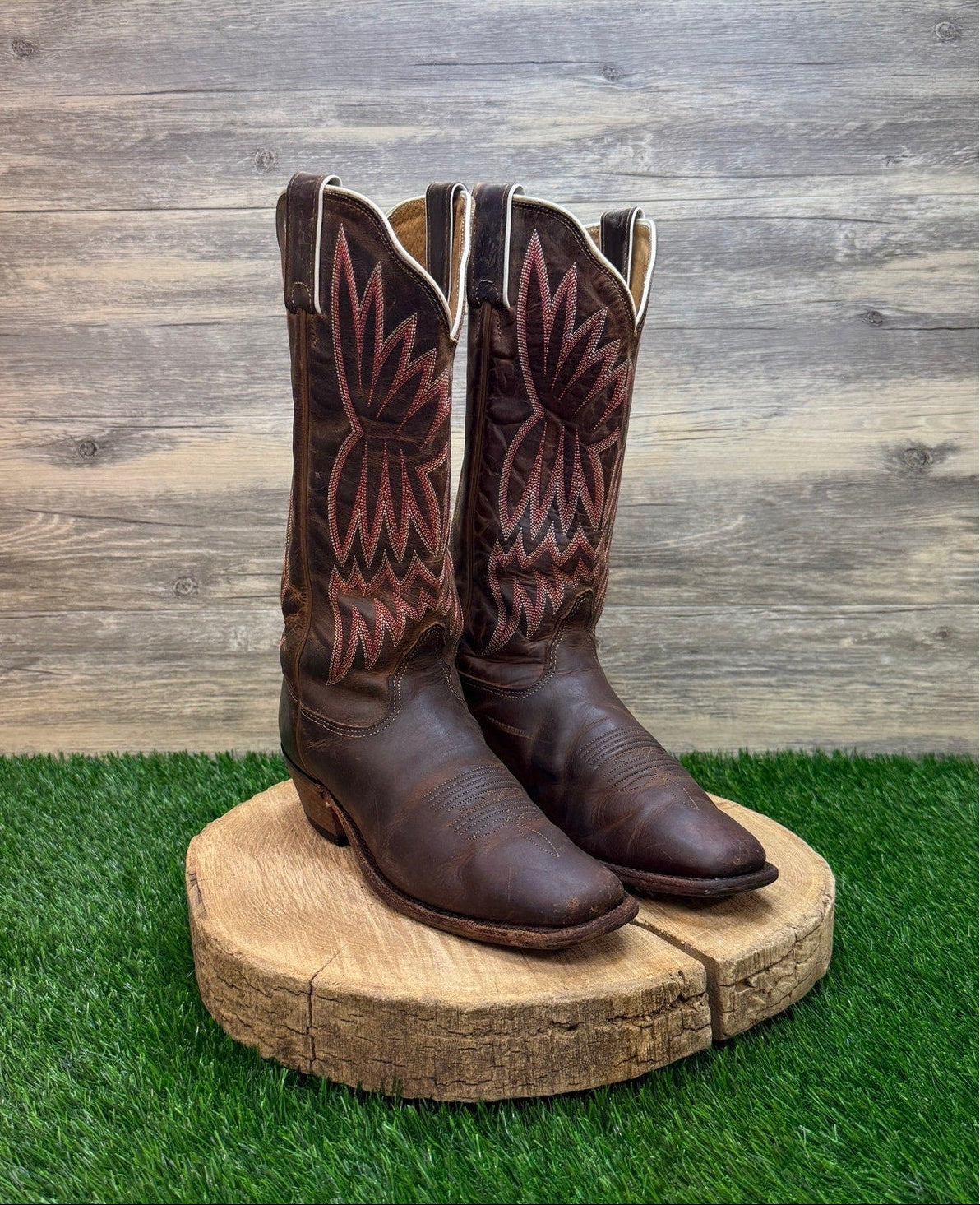 Tony Lama Women - Size 7B - Brown/Coral Square Toe Western Cowboy Boots 0218
