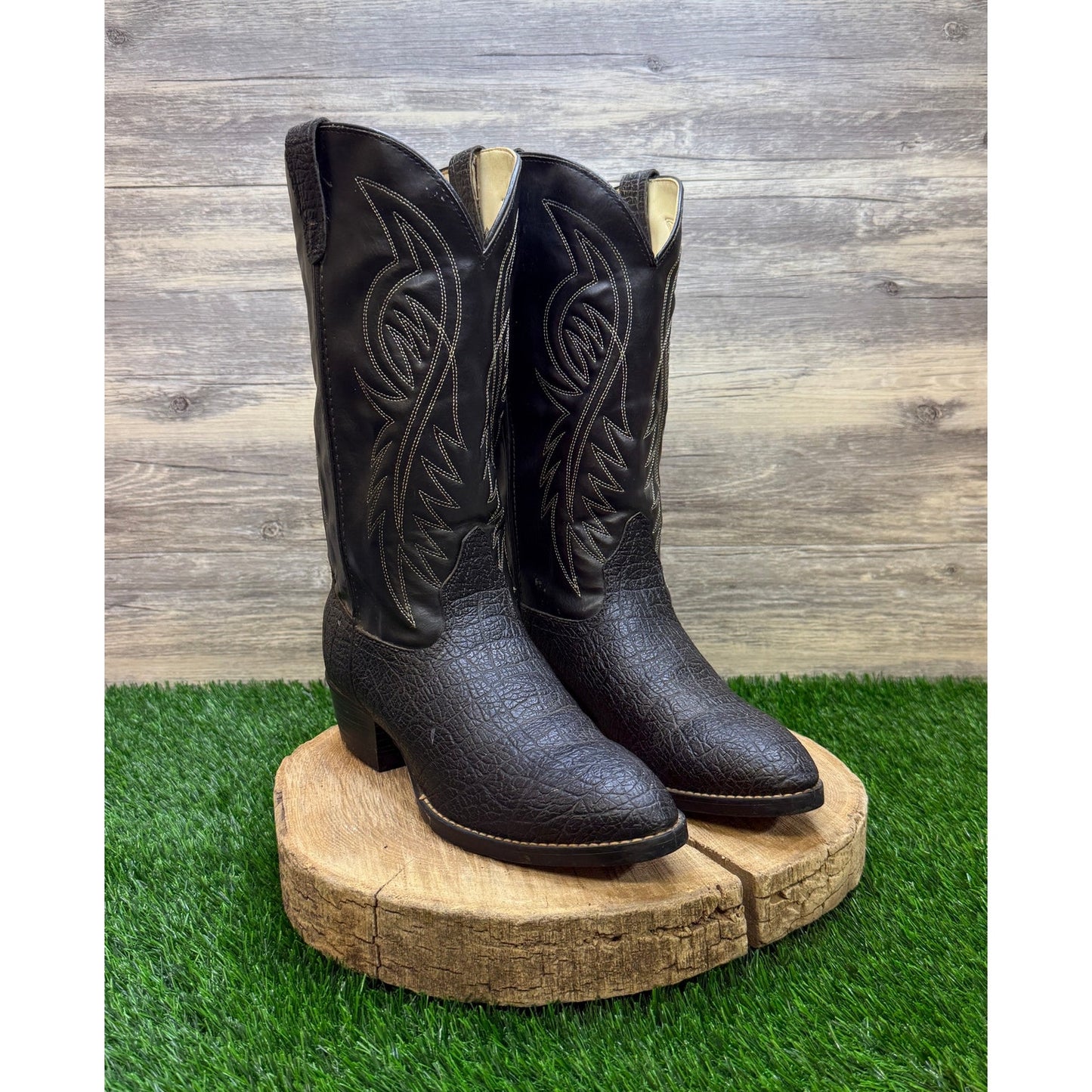 Bronco Men - Size 10.5EE - Vintage Black Faux Print/Leather Cowboy Boots 1750