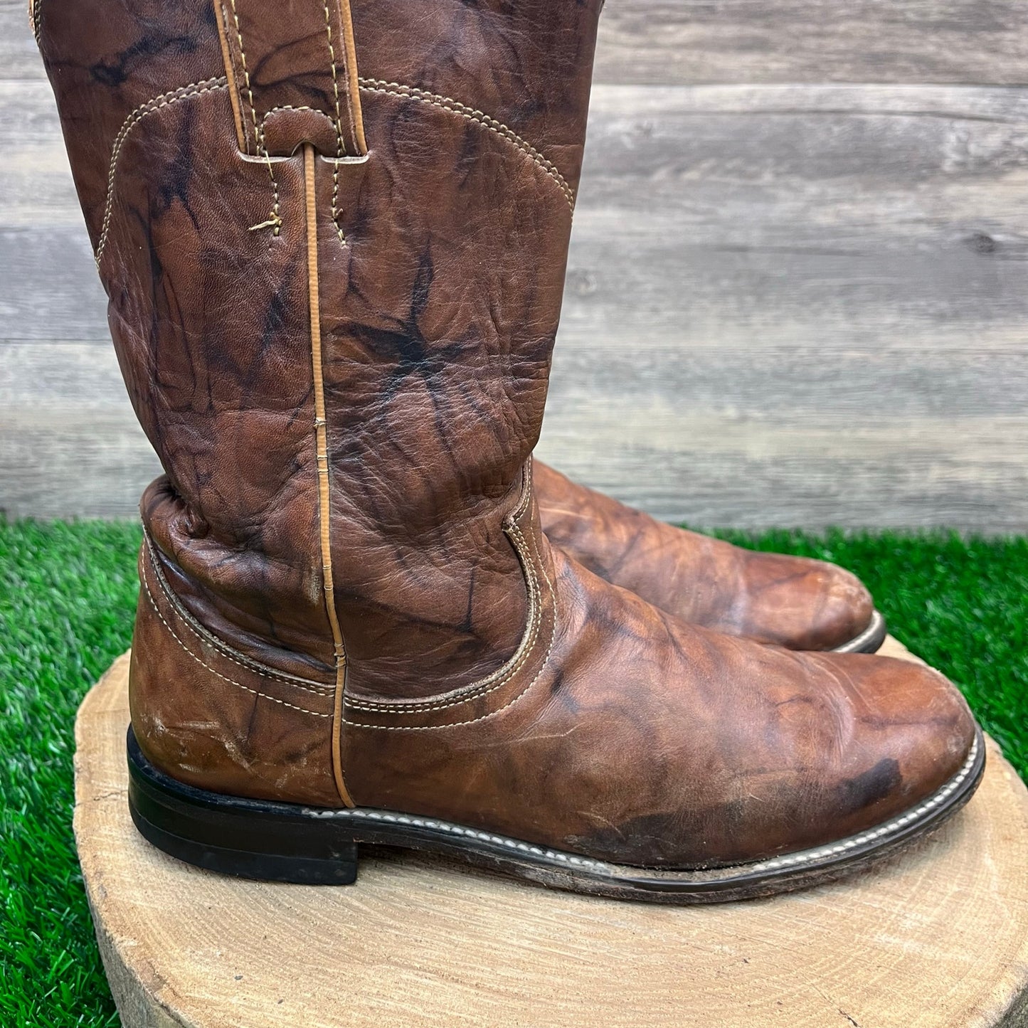 Justin Men - Size 8B - Vintage Marbled Brown Roper Cowboy Boots Style L3163