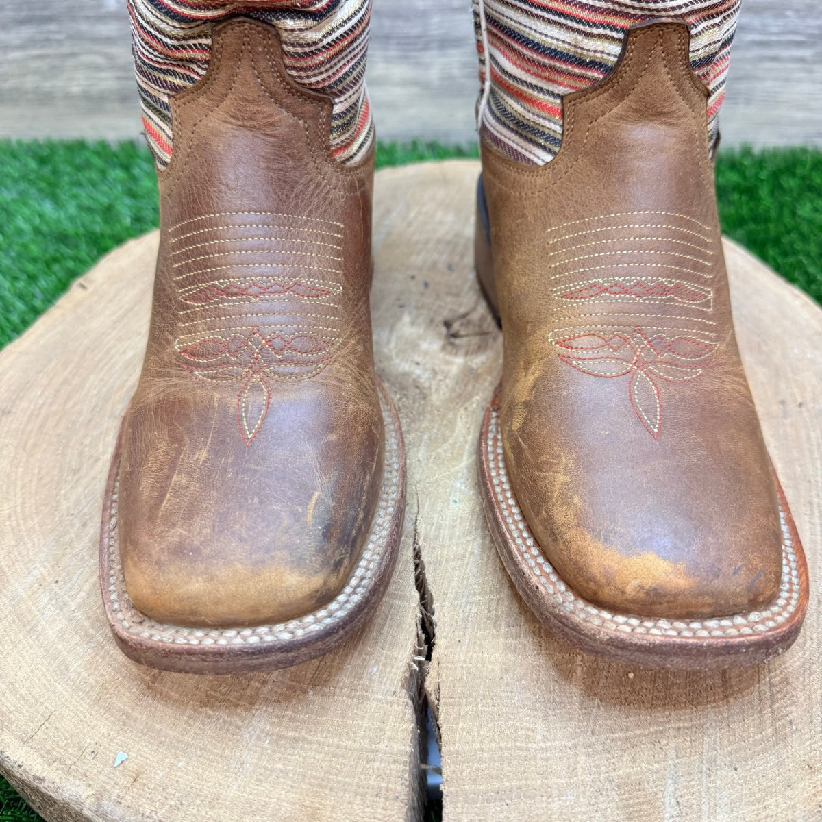 Double R Youth - Size 1.5 - Brown Striped Square Toe Cowboy Boots