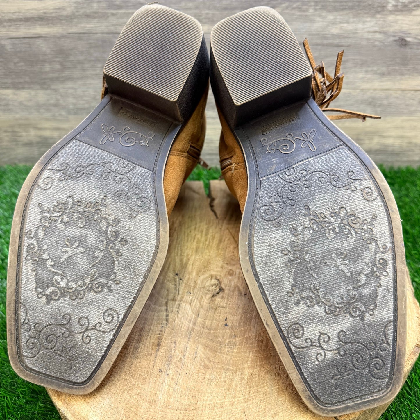 OS Women - Size 9.5M - Cognac Faux Suede Fringe Ankle Boots 73277