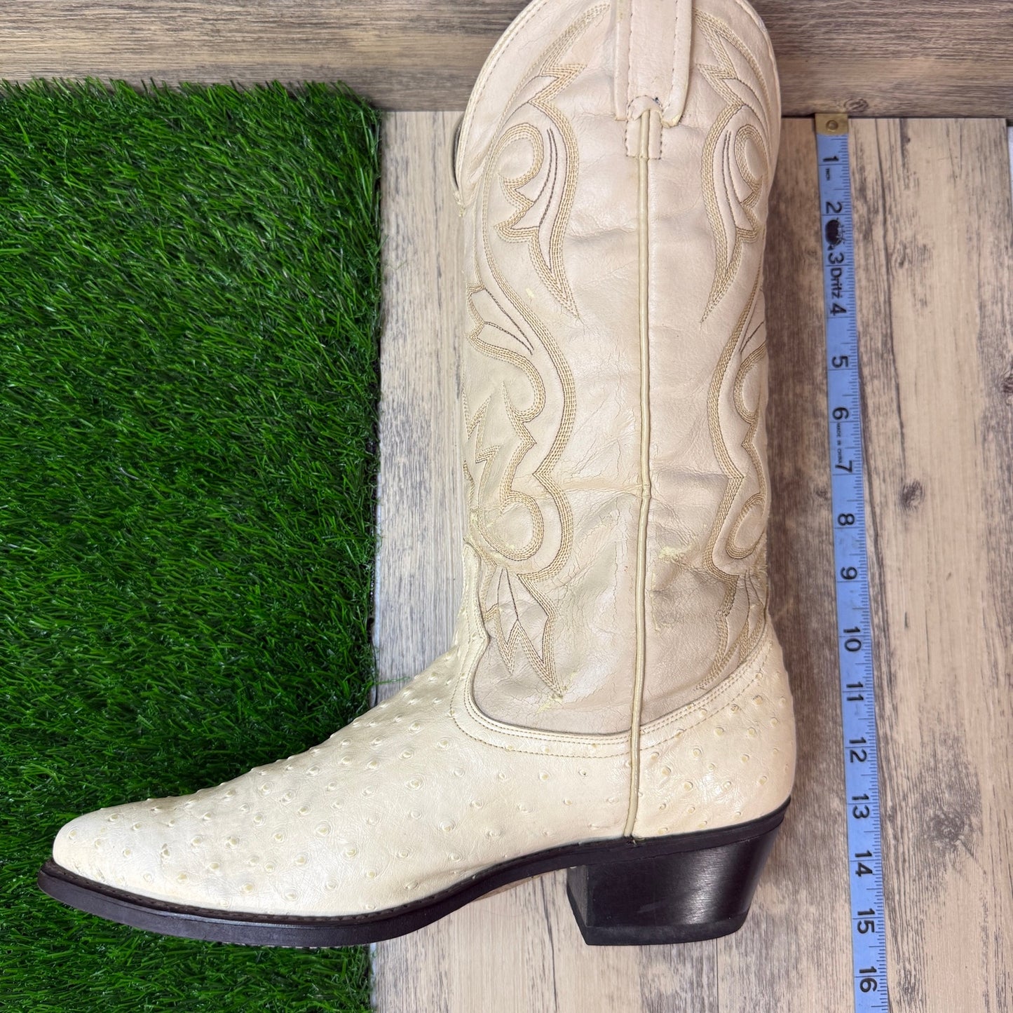 Acme Men - Size 9D - Vintage Cream Ostrich Western Cowboy Boots Style 4577