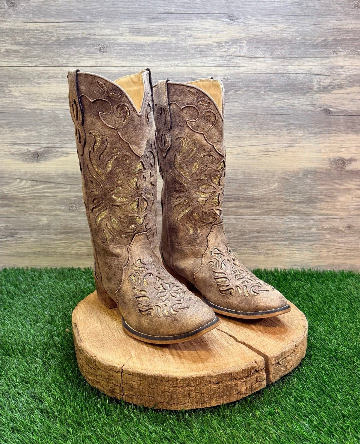 Roper Women - Size 8.5 - Distressed Tan Glitter Inlay Faux Leather Cowboy Boots 2851