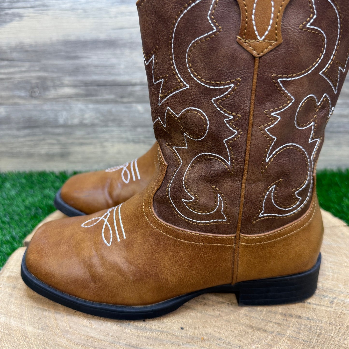 Wonder Nation Youth - Size 3 - Brown Faux Leather Square Toe Cowboy Boots 47083