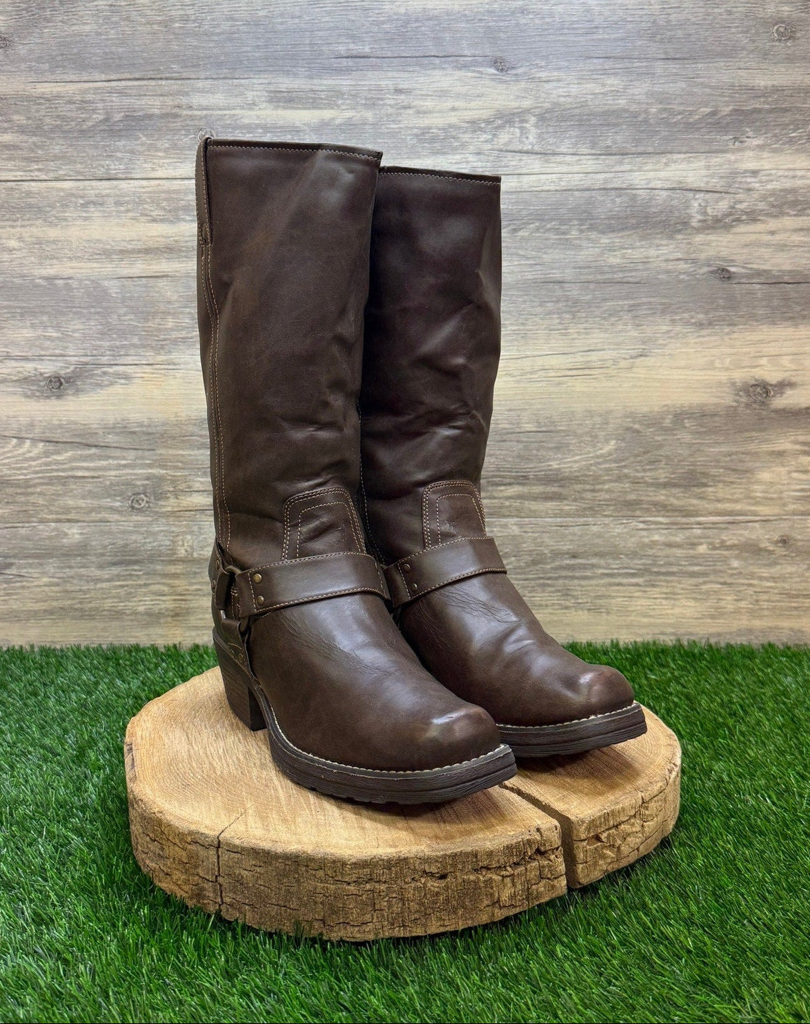 Decree Women - Size 8M - Dark Brown Harness Faux Leather Moto Boots 7412