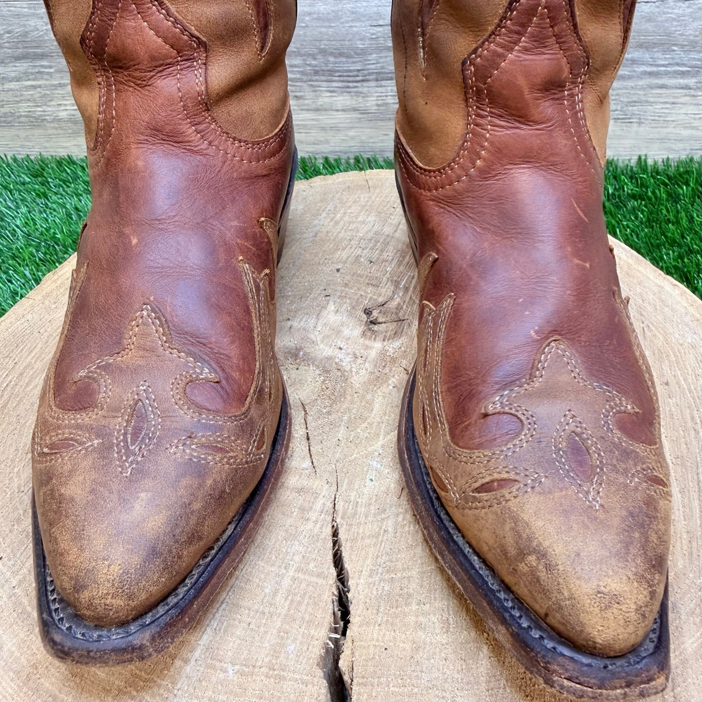 Boulet Women - Size 6.5C - Two Tone Brown Flame Western Cowboy Boots 0157