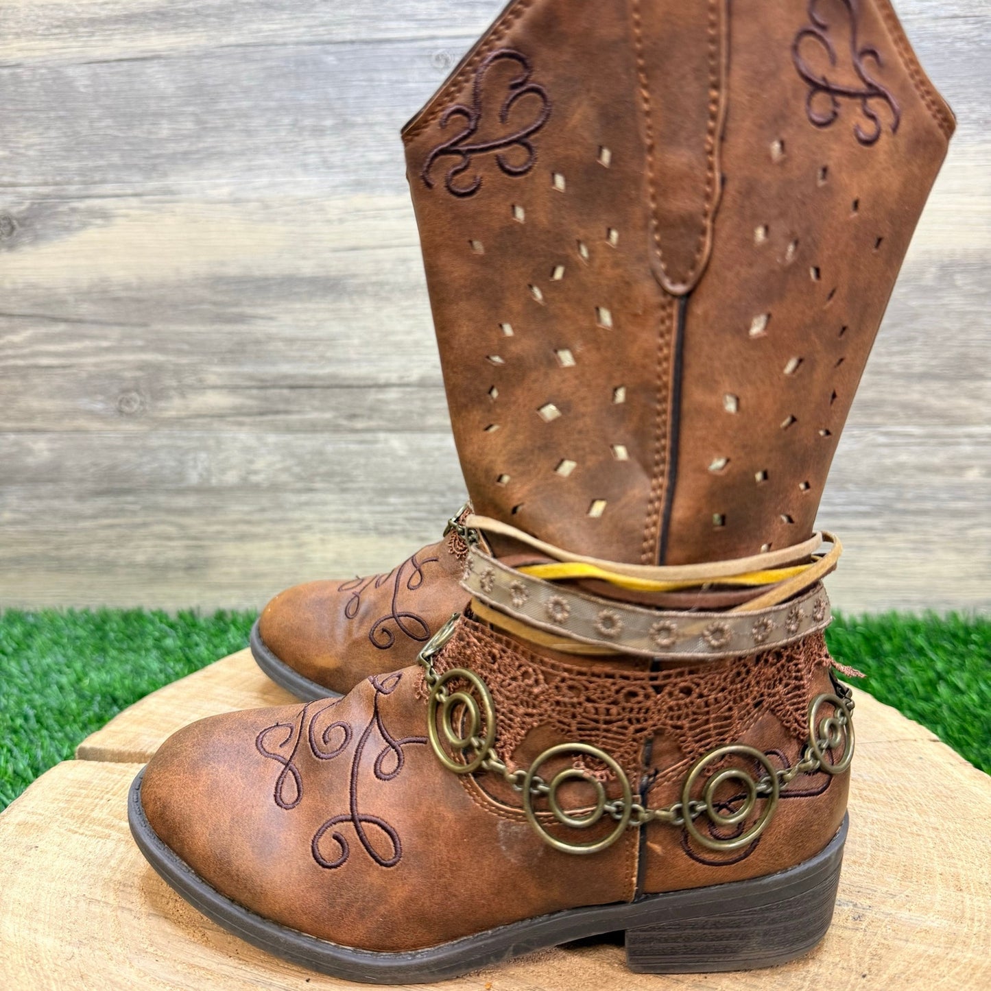 Rodeo Ropers Youth - Size 13M - Brown Zipper Cowboy Boots Carousel