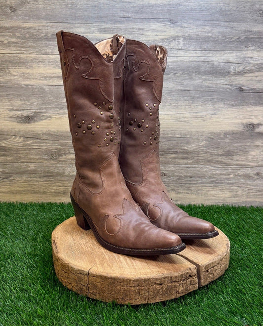 Nine West Women - Size 10M - Tan Studded Cowboy Boots Style Poulin