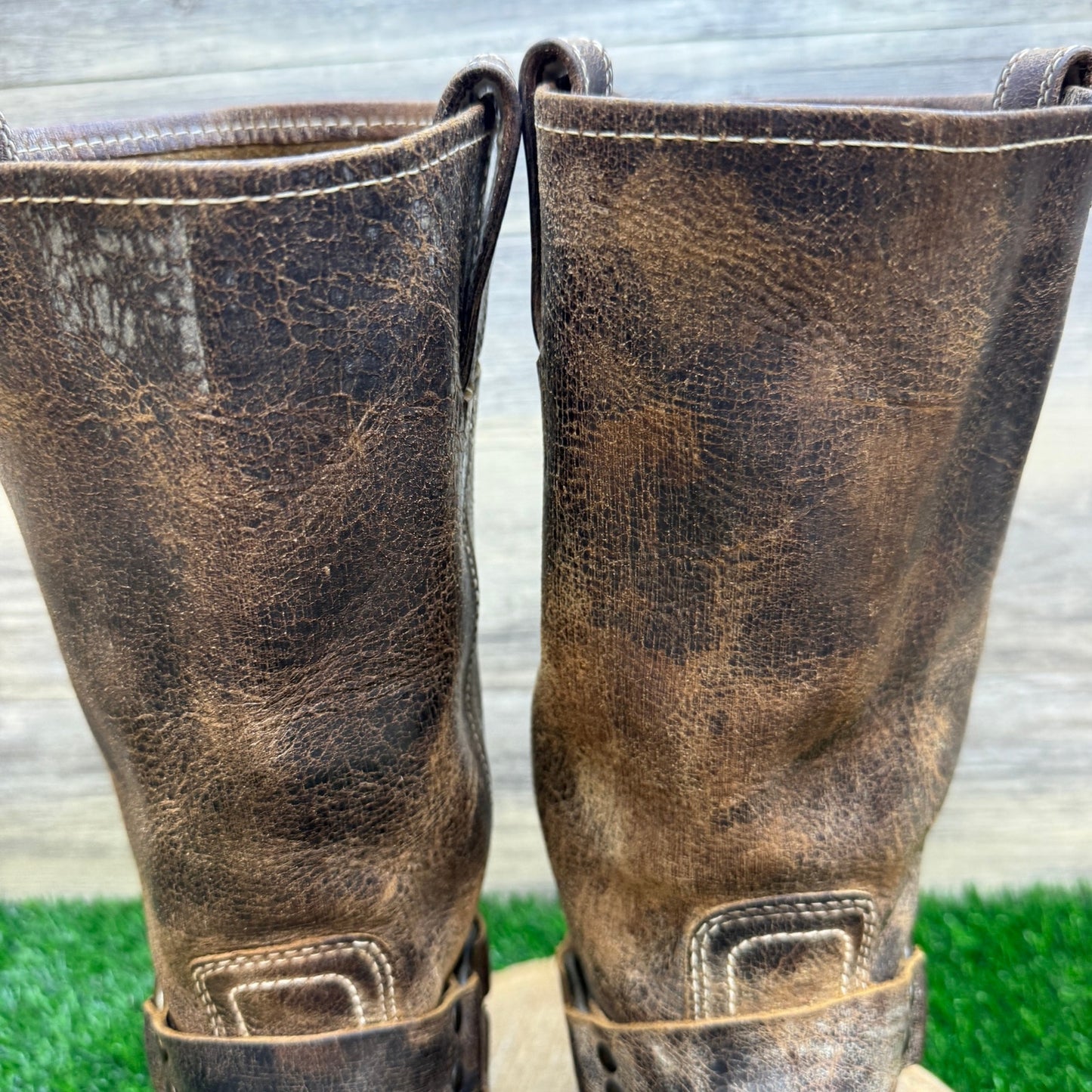 Frye Women - Size 8.5 - Distressed Brown Harness Square Toe Boots