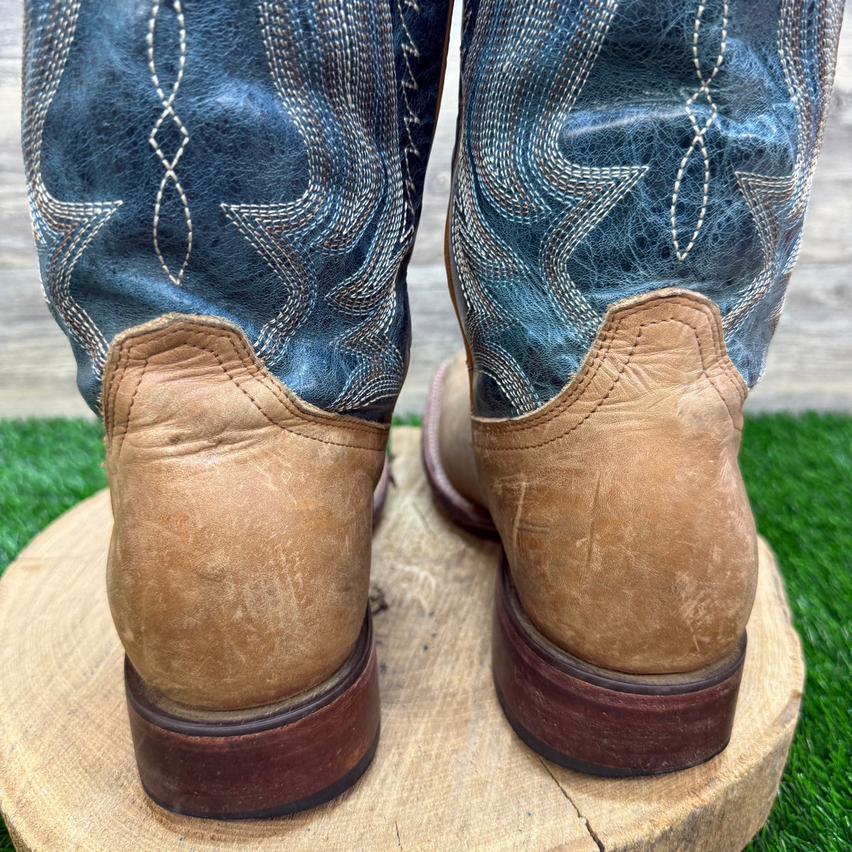 JB Dillon Men - Size 12B - Tan/Blue Flame Square Toe Cowboy Boots Style JBR2111
