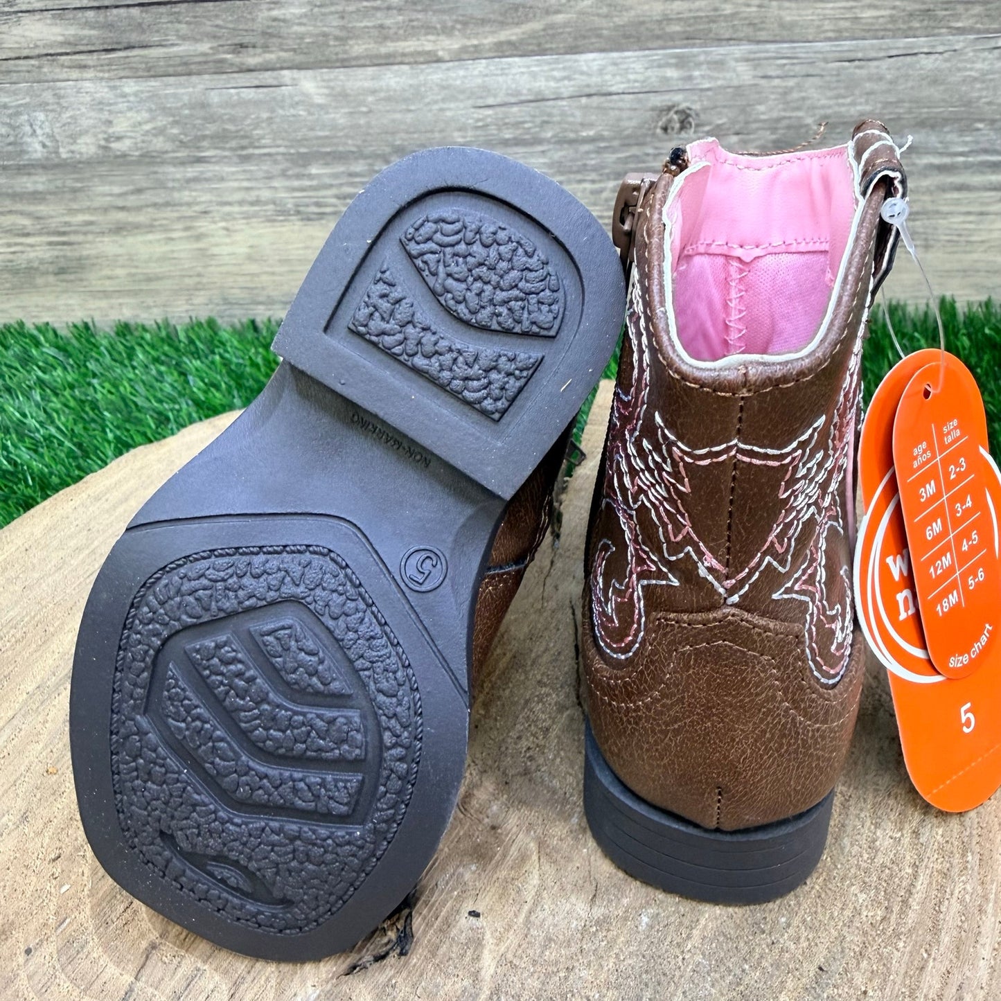 NEW Wonder Nation Youth - Size 5 - Brown / Pink Faux Leather Cowboy Boots