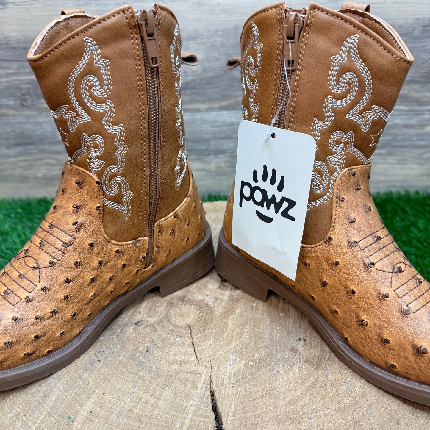 NEW Pawz Youth - Size 13 - Brown Faux Ostrich Western Cowboy Boots