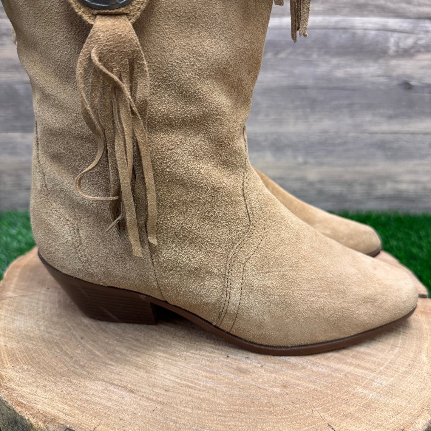 Silver Star Women - Size 8 Vintage Sand Suede Fringe Cowboy Boots Style Houston