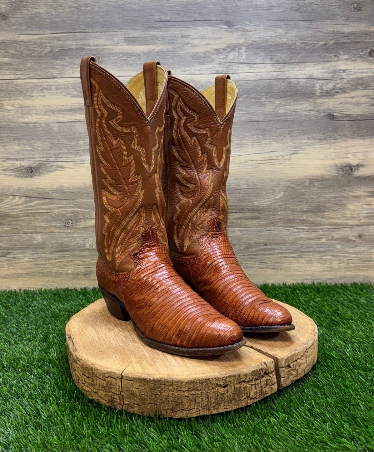 Justin Men - Size 7.5E - Vintage Cognac Lizard Western Cowboy Boots Style 8303