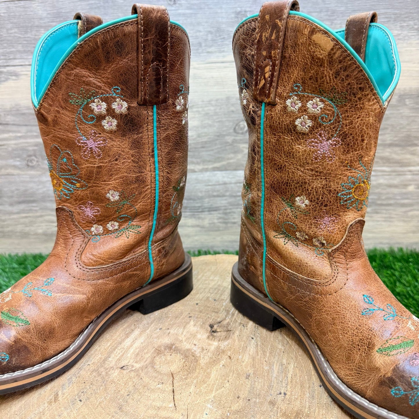 Smoky Mountain Youth - Size 2R - Tan Floral Square Toe Cowboy Boots 3841C