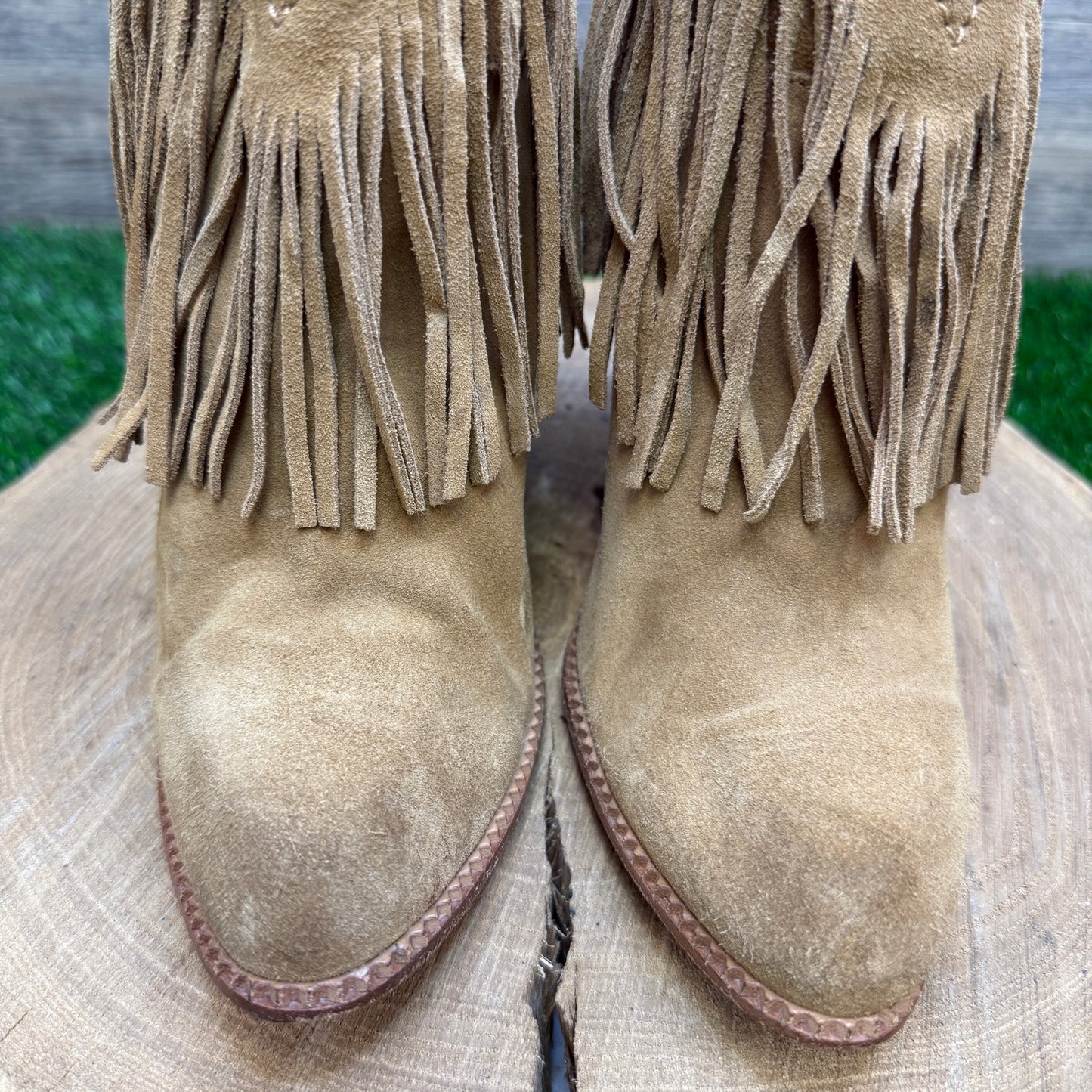 Cynthia Vincent Women - Size 8.5 - Tan Fringe Ankle Heeled Zipper Boots