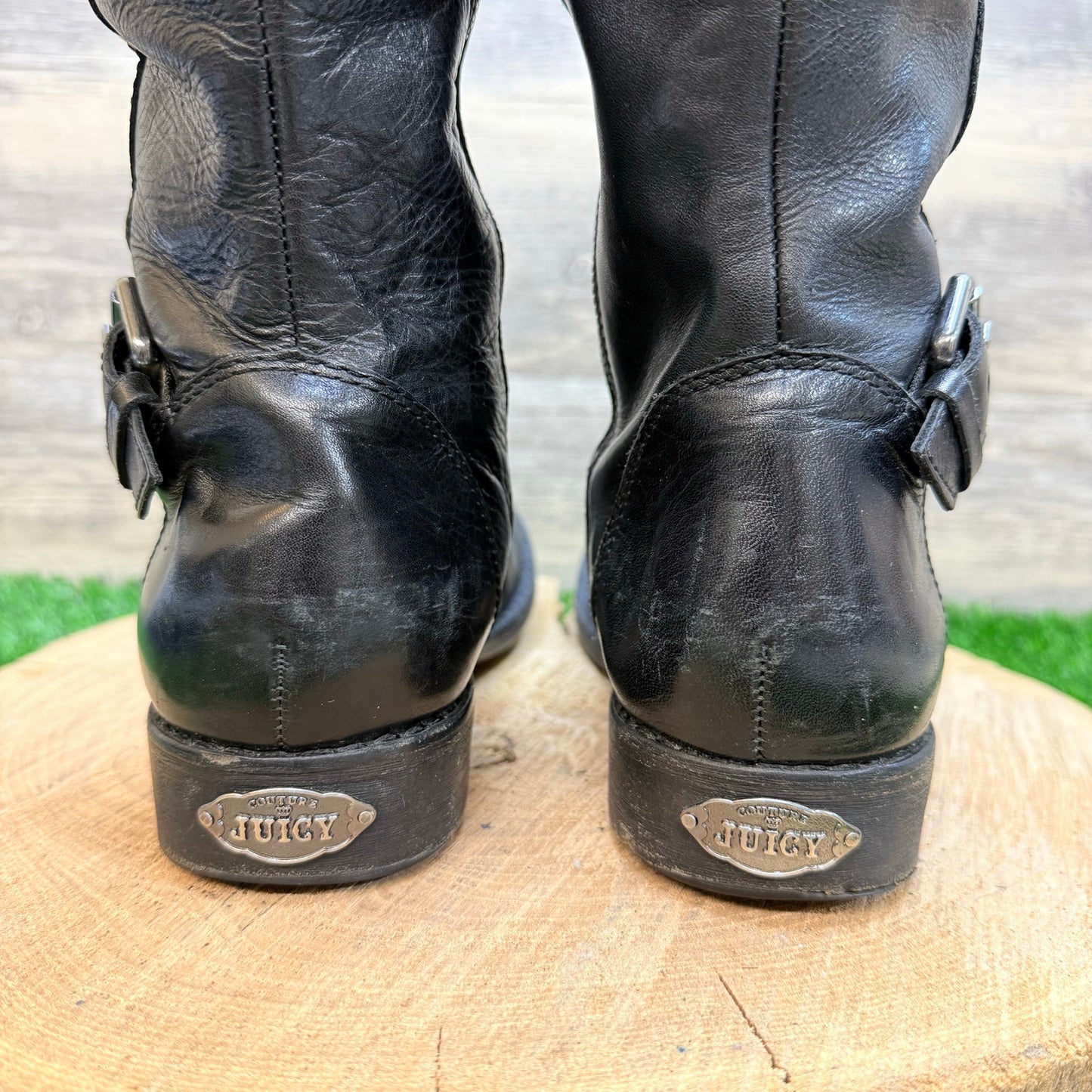 Juicy Couture Women - Size 8.5M - Black Tall Belted Zipper Moto Boots