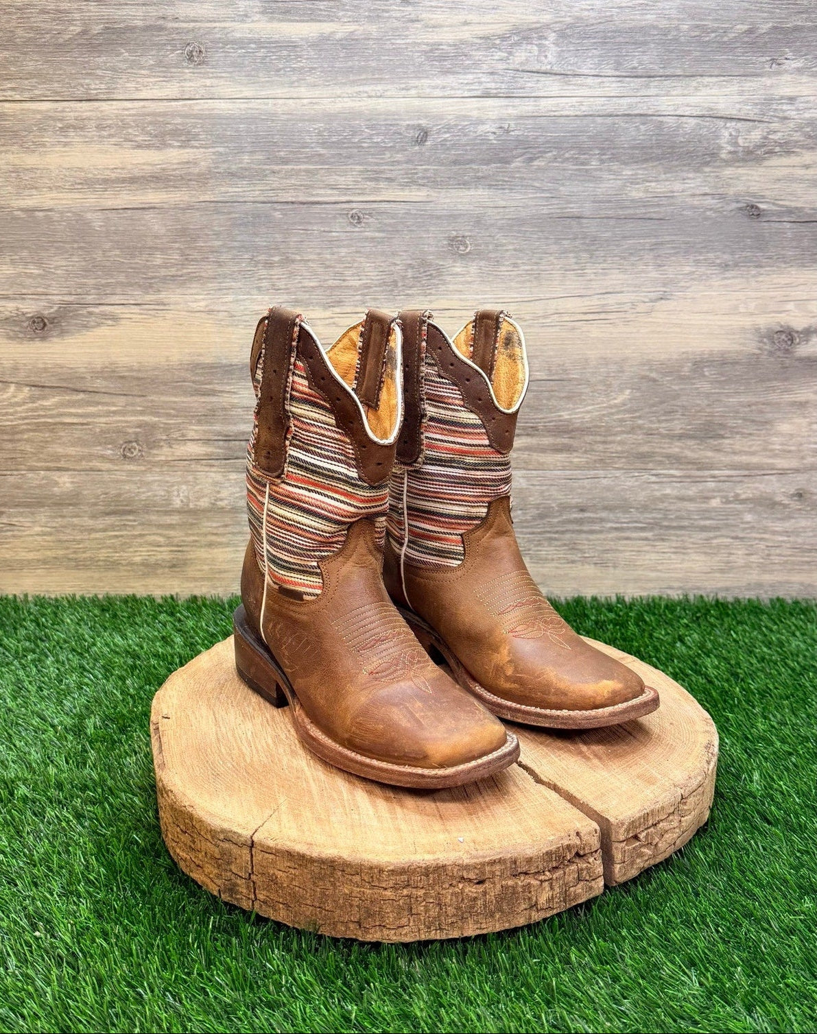 Double R Youth - Size 1.5 - Brown Striped Square Toe Cowboy Boots