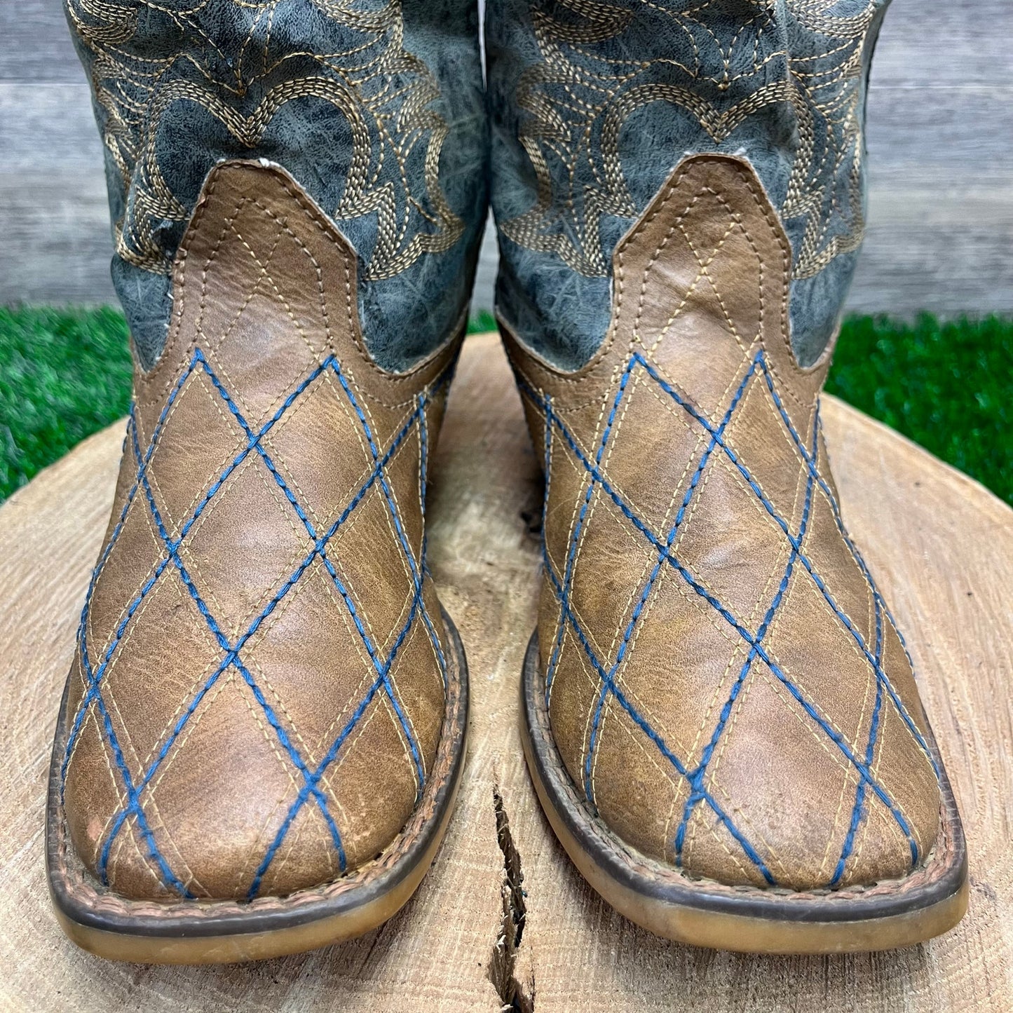 Roper Youth - Size 4 - Tan/Blue Faux Leather Square Toe Cowboy Boots Style 0080