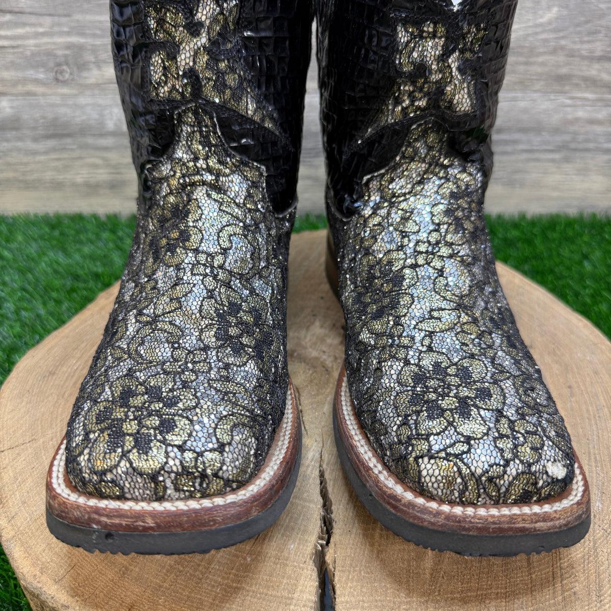 Ferrini Women - Size 9B - Black Glitter Lace Square Toe Cowboy Boots Flower