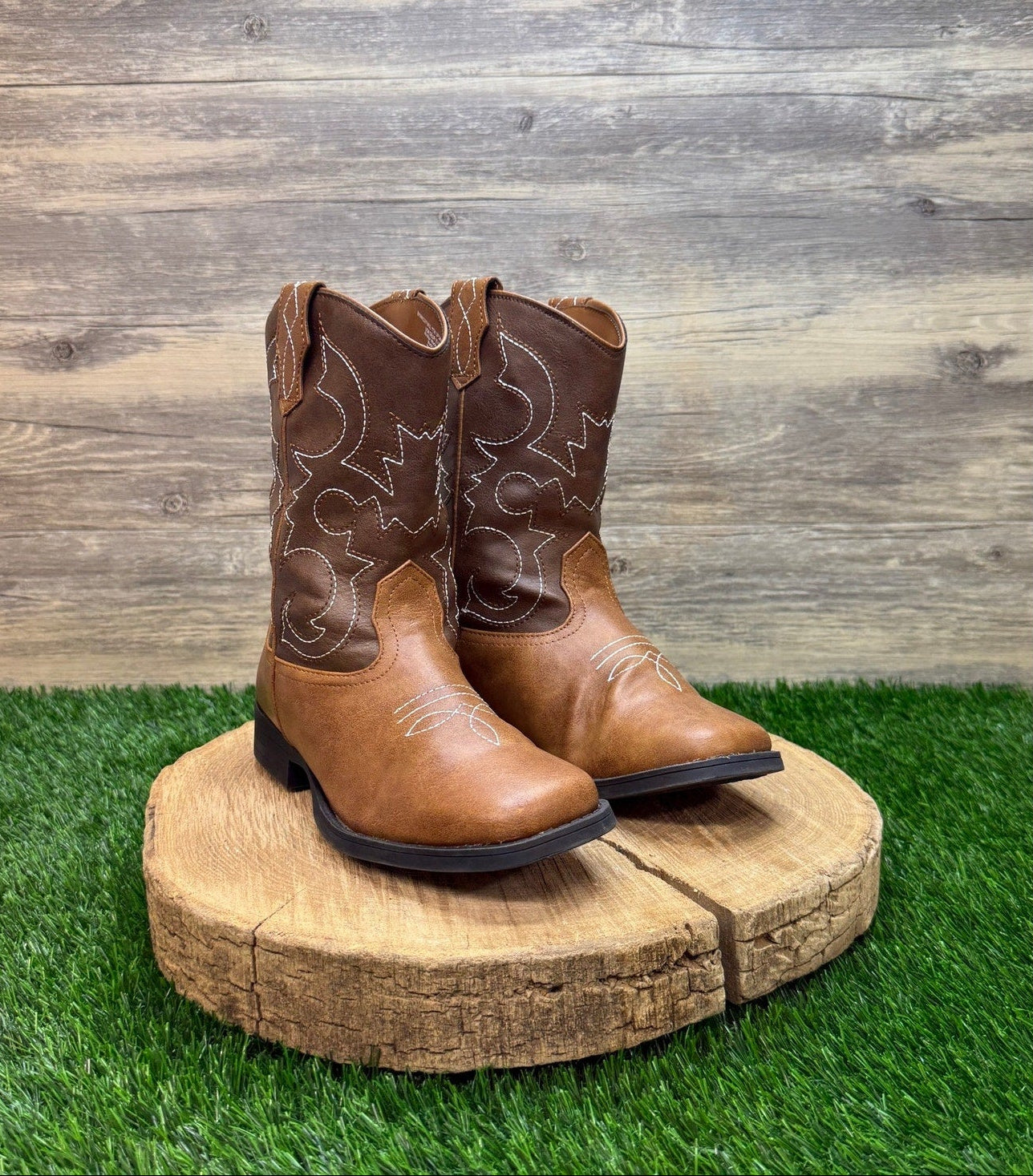 Wonder Nation Youth - Size 3 - Brown Square Toe Faux Leather Cowboy Boots 17751
