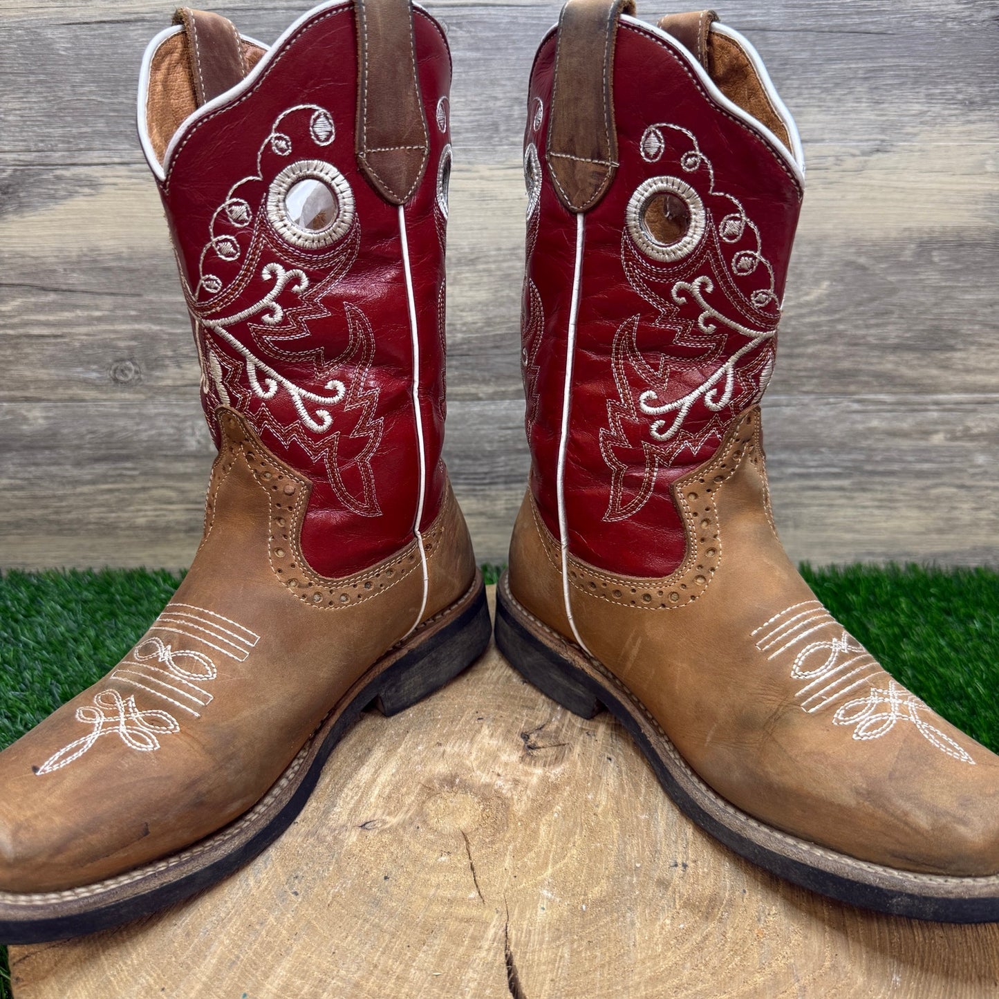 Tierra Blanca Youth - Size 4.5 - Tan/Red Square Toe Cowboy Boots Style 618