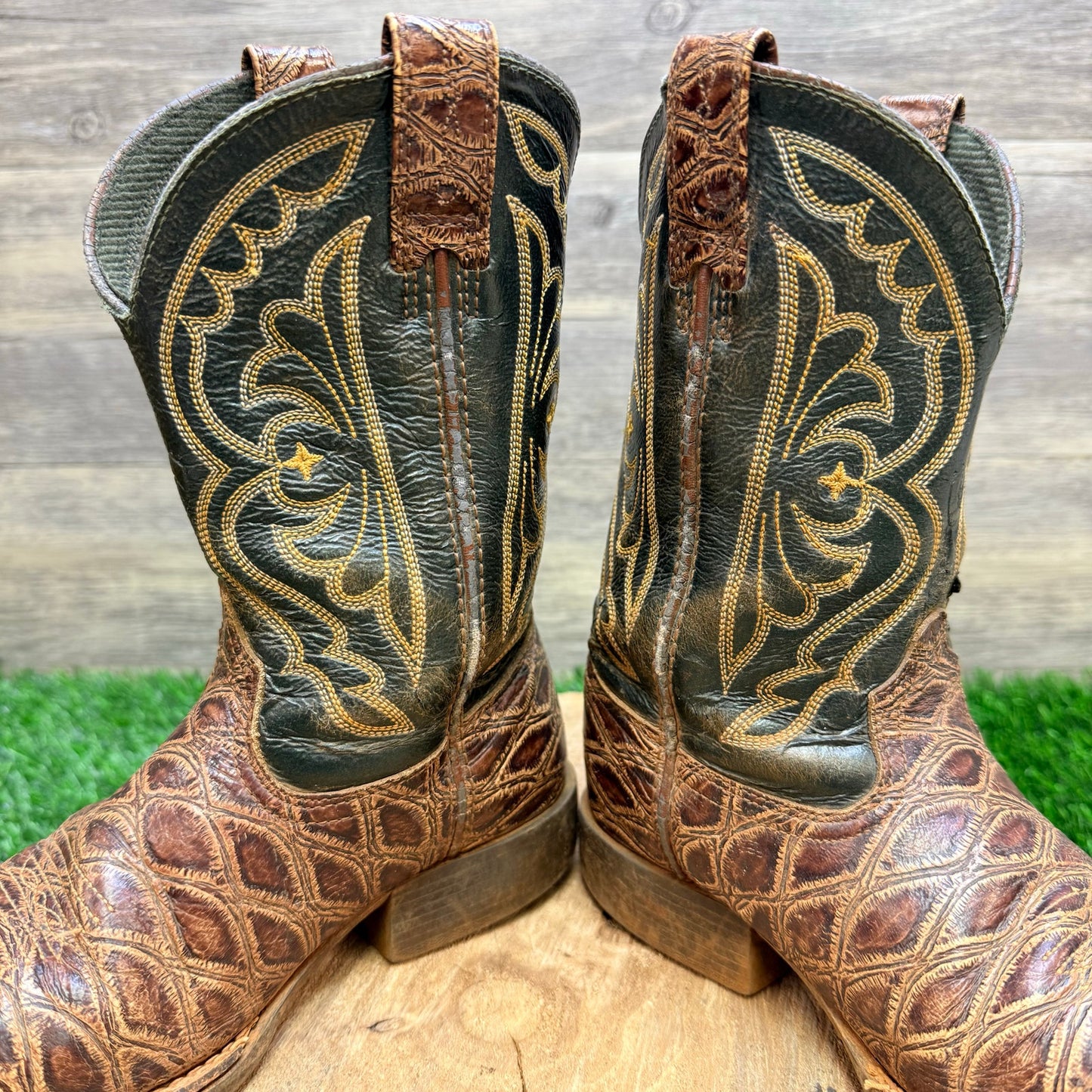 Ariat Youth - Size 13.5 - Brown/Green Square Toe Cowboy Boots